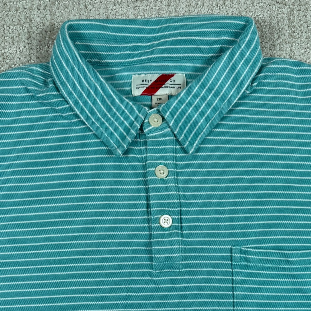 Best Made Co Mens 2XL Teal Striped Supima Cotton Pocket Polo Shirt